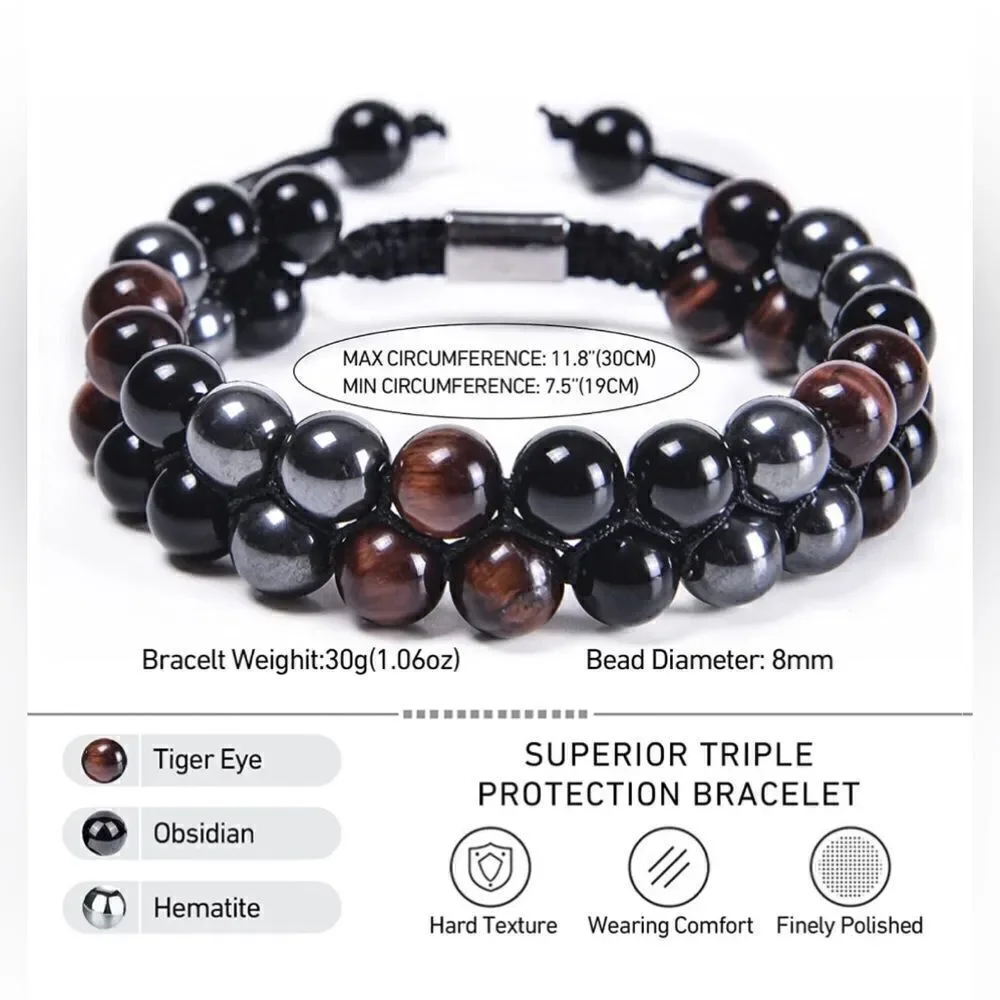 Triple Protection Bracelet Fashion Crystal Bracelet for Men Women Tiger Eye Bead